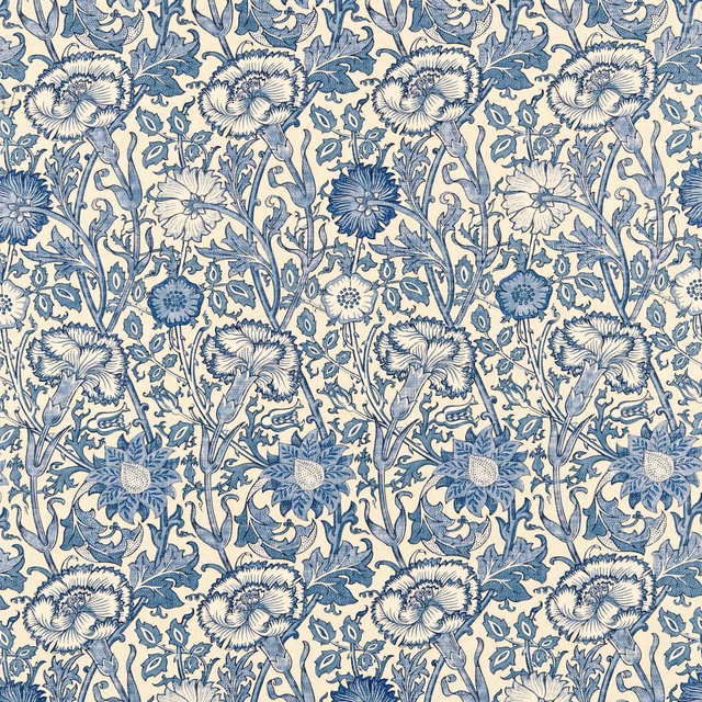 Vellum cream fabric with dense indigo flowers, leaves and curling stems