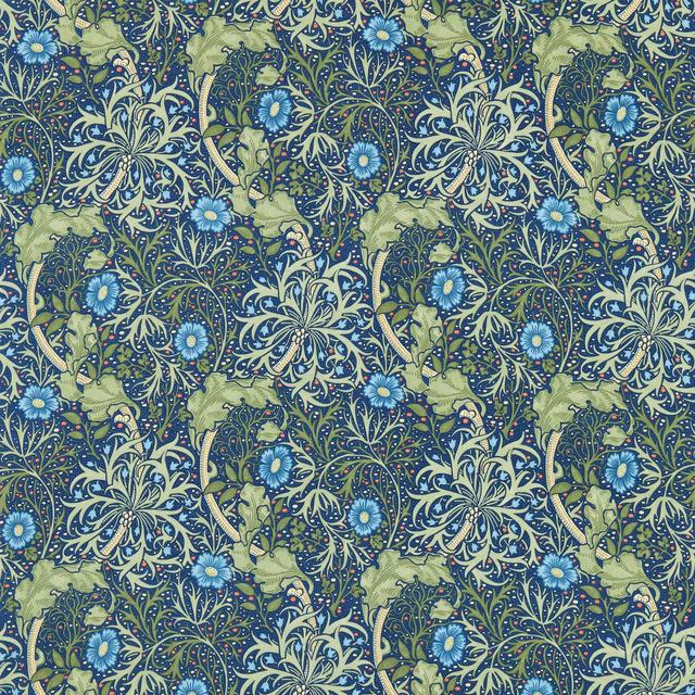 Dense cobalt botanical pattern with thyme foliage and pale blue flowers