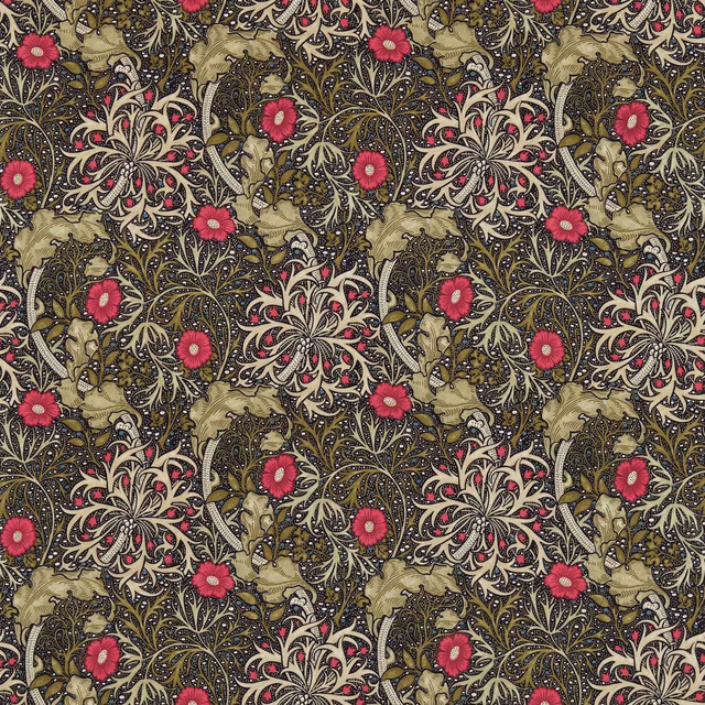 Ebony and olive floral fabric with cream sprays and vivid poppy-red flowers