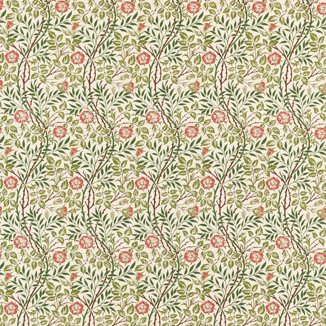 Warm cream floral fabric with sage leaves, brown branches and muted rose flowers