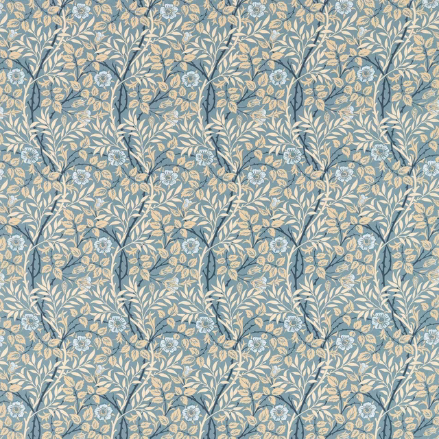 Mineral blue-grey floral fabric with cream leaves, tiny blossoms and dark branching stems
