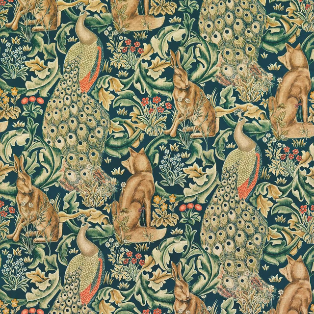 Deep teal velvet with peacocks, rabbits and olive foliage in a dense repeat
