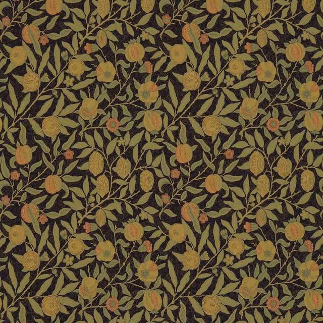 Dark black ground with ochre fruit, olive leaves and small claret botanical accents