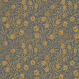 Dusky blue botanical fabric with thyme leaves and ochre fruit motifs
