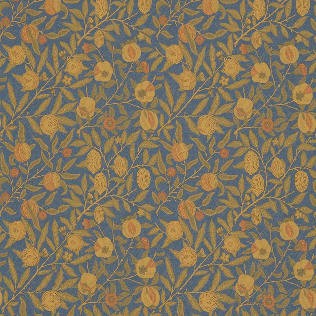 Dusky blue botanical fabric with thyme leaves and ochre fruit motifs