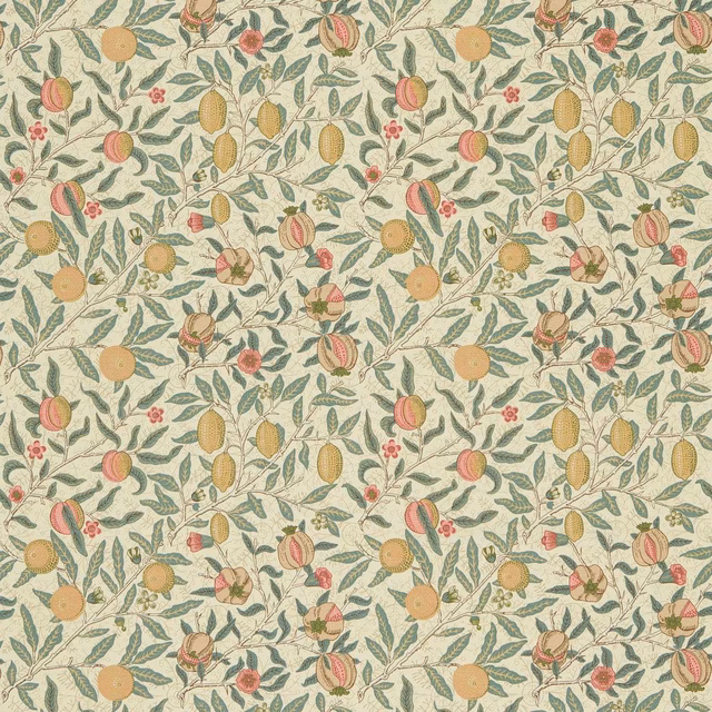 Cream botanical fabric with teal leaves, ochre fruits and coral-pink flower details