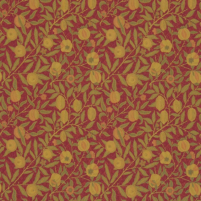 Dense thyme and ochre botanical motifs over a deep crimson woven fabric ground