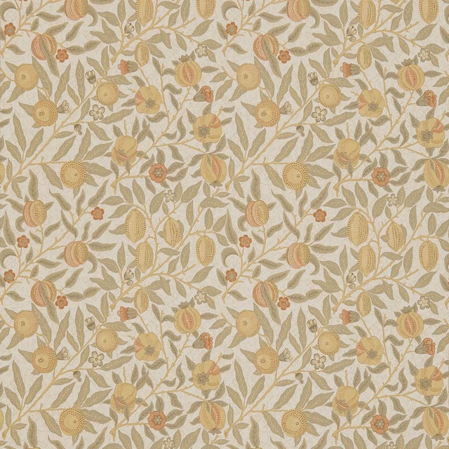 Parchment botanical fabric with bayleaf vines and muted ochre fruit motifs