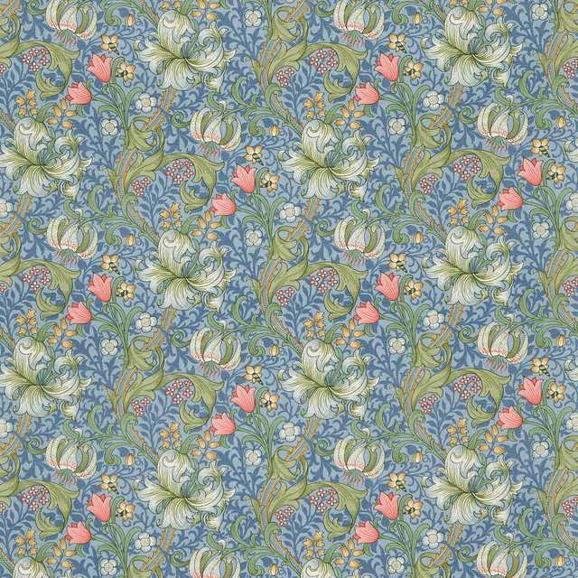 Mineral blue-green floral fabric with sage foliage, pink tulips and cream blooms