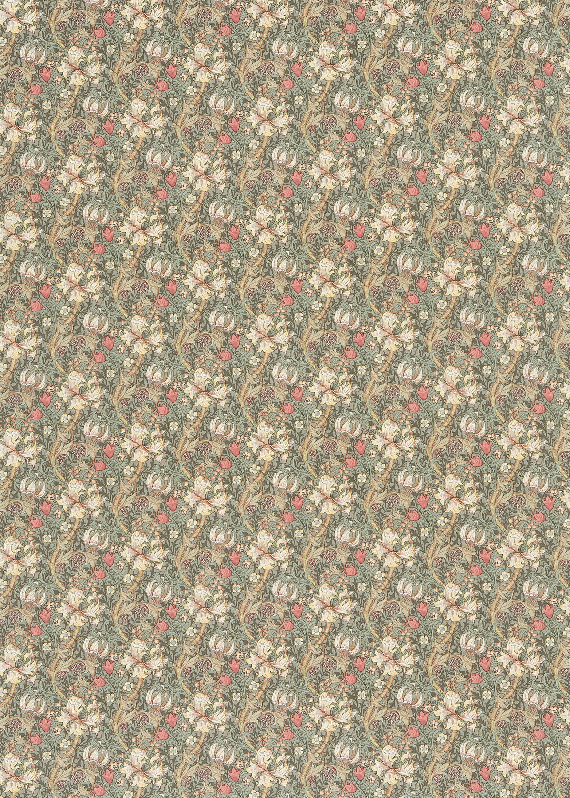 Muted artichoke foliage, pink blossoms and curling vines on a vanilla ground