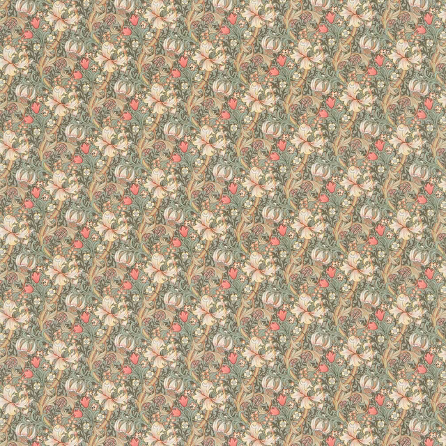 Muted artichoke foliage, pink blossoms and curling vines on a vanilla ground
