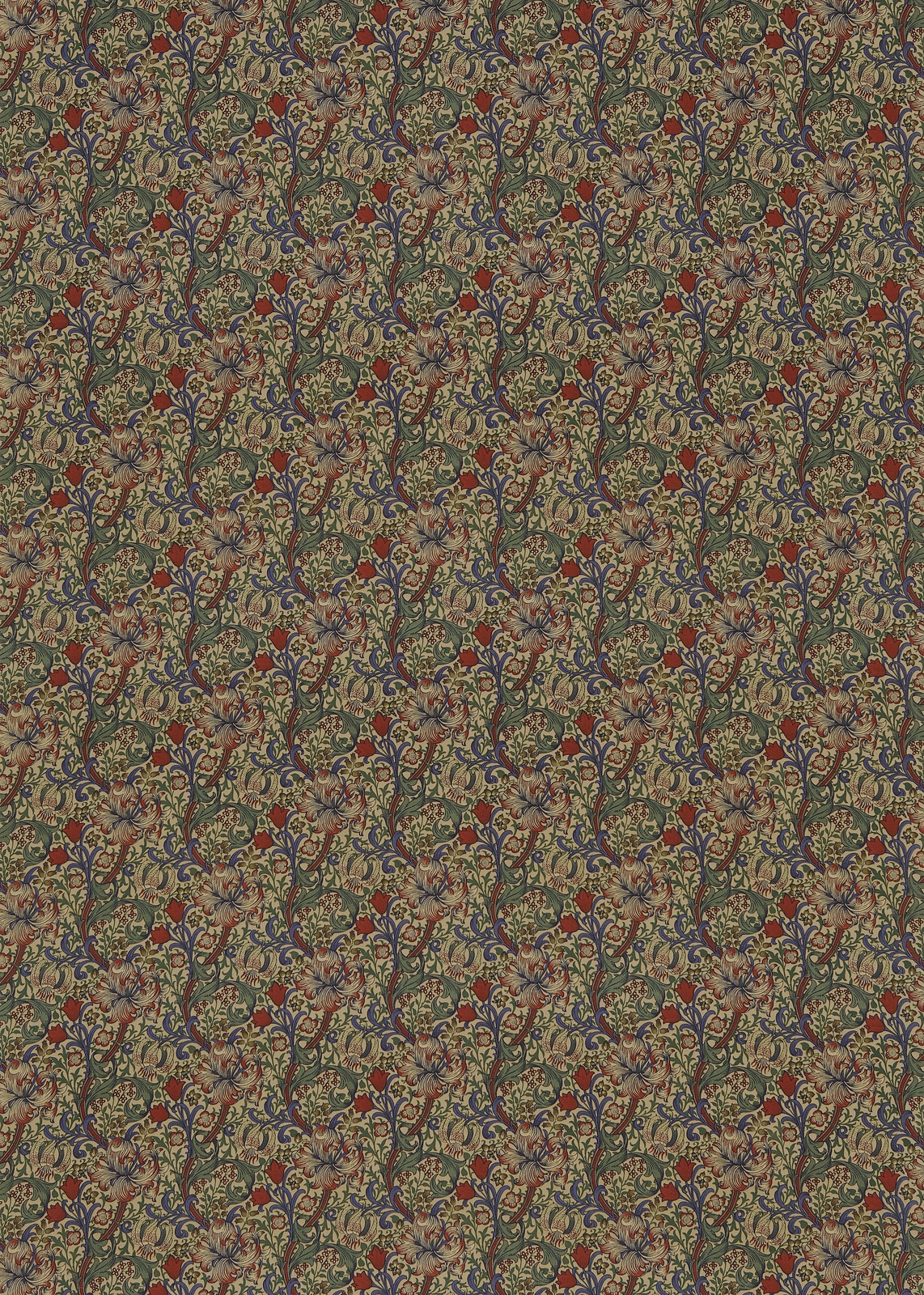 Dense olive botanical vines on biscuit ground with indigo tracery and red flowers