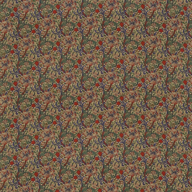 Dense olive botanical vines on biscuit ground with indigo tracery and red flowers