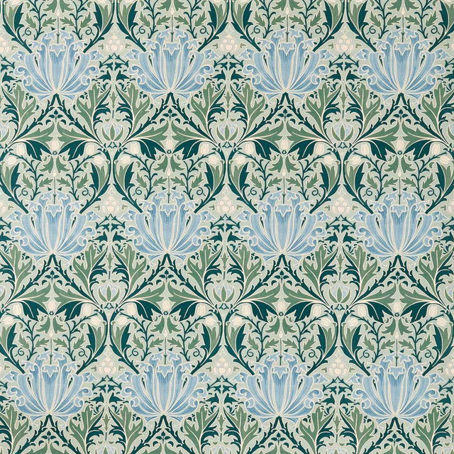 Mineral-blue and sage Morris botanical repeat with deep green leaves and fine textile texture