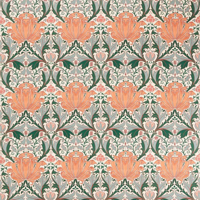 Peach tulip blooms with teal leaves and cream scrolling floral details