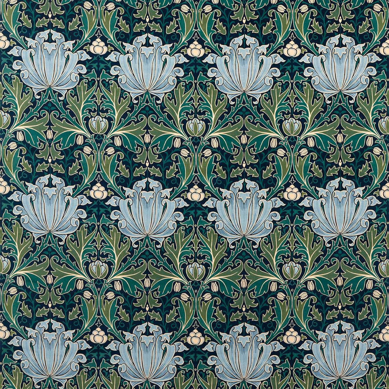 Deep indigo teal velvet with pale blue flowers and curling green botanical boughs