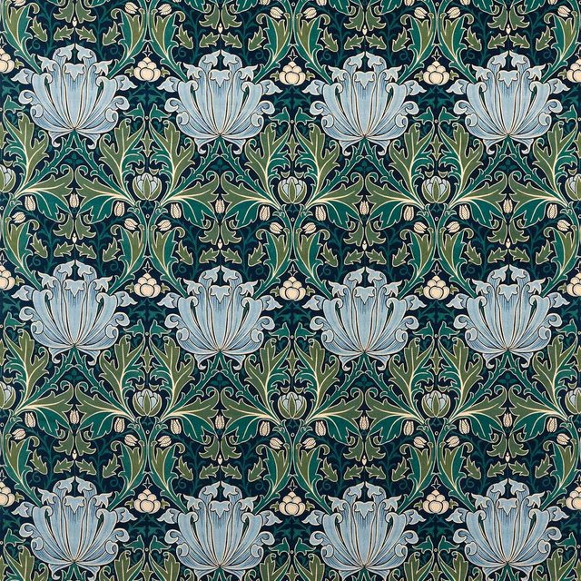 Deep indigo teal velvet with pale blue flowers and curling green botanical boughs