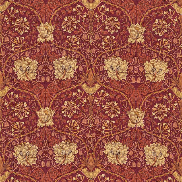 Brick-russet floral fabric with pale cream blooms and olive scrolling stems