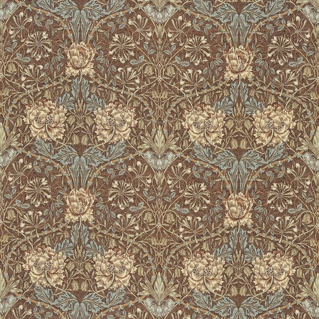 Muted slate-blue and brown botanical print with cream flowers and fine scrolling foliage