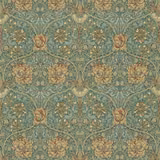 Muted teal botanical fabric with tan flowers, sage foliage and rust tulip motifs