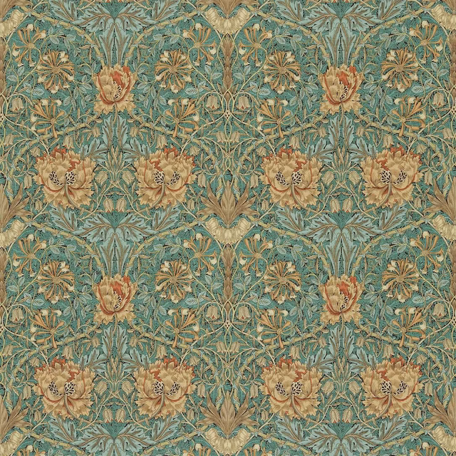 Muted teal botanical fabric with tan flowers, sage foliage and rust tulip motifs