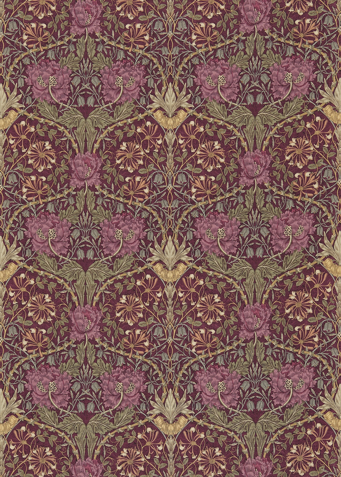 Wine ground with bayleaf foliage and muted pink honeysuckle floral motifs