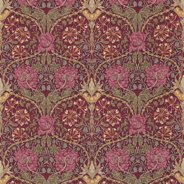 Wine ground with bayleaf foliage and muted pink honeysuckle floral motifs
