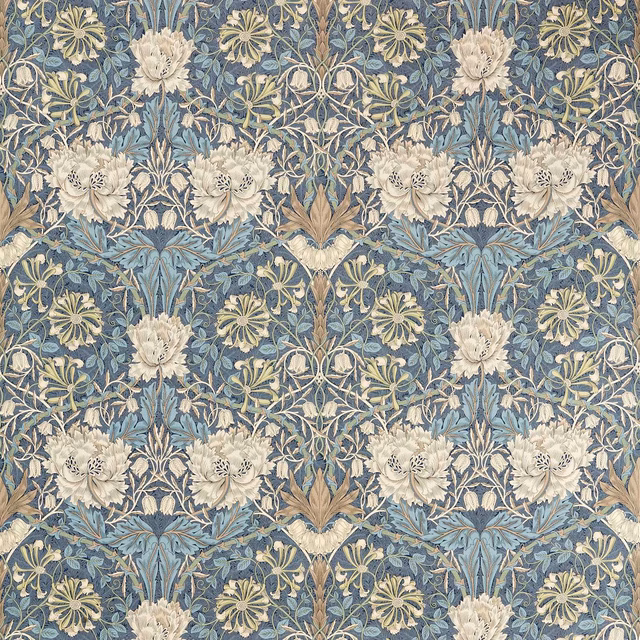 Blue-grey honeysuckle and tulip vines with cream blooms and sage leaves