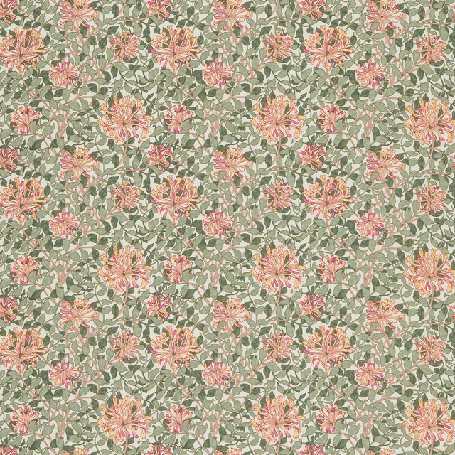 Sage ground with blush pink, chalk and warm yellow floral clusters among leafy stems