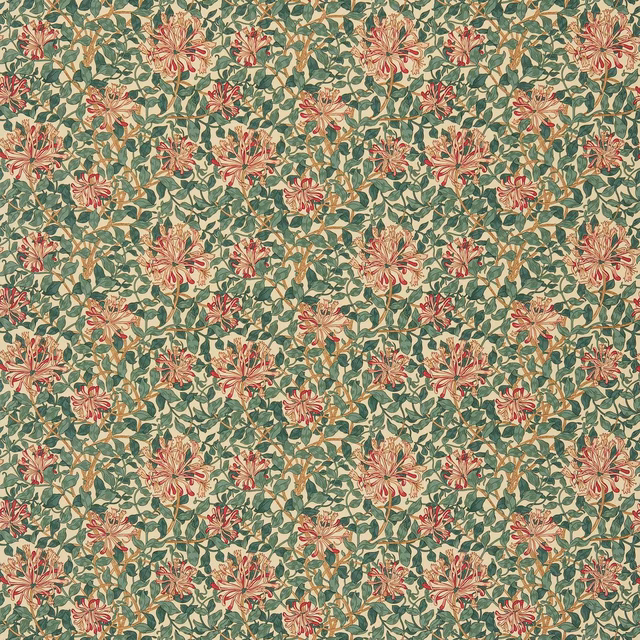 Sage green and cream floral fabric with dense wine honeysuckle blooms