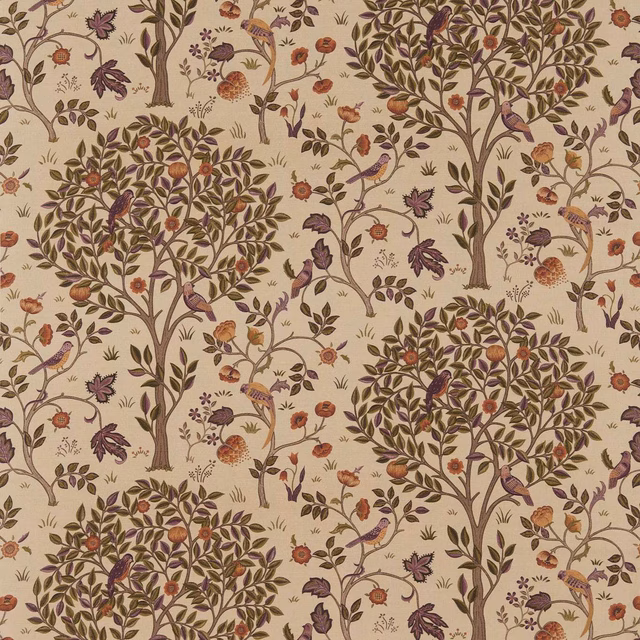 Mulberry and russet tree branches with olive leaves on a beige woven ground