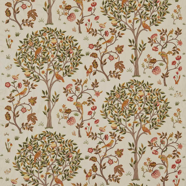 Pale stone fabric with artichoke tree canopies and russet botanical sprigs