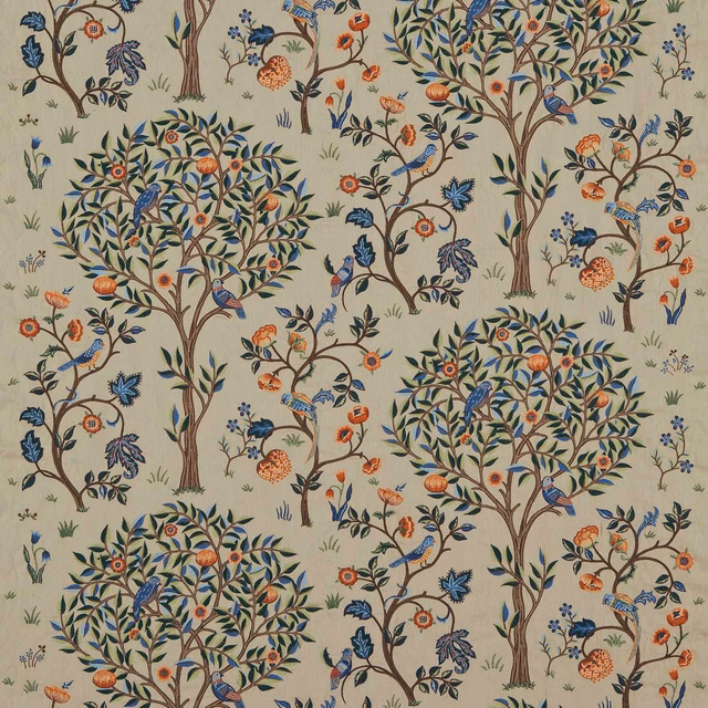 Russet and forest botanical tree pattern on a muted grey-green textile