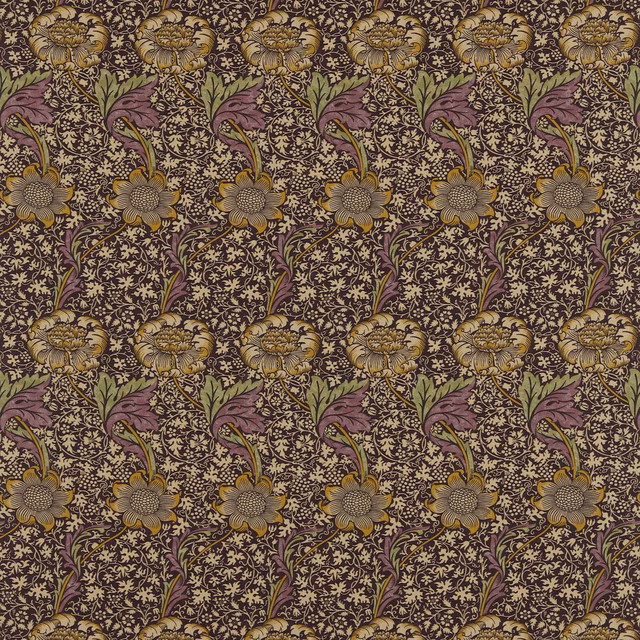Grape-purple birds and gold flowers on a dense dark botanical fabric ground