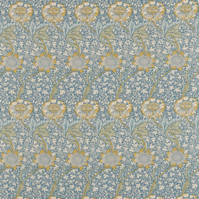 Sea-blue floral fabric with cream flowers, lichen leaves and curling botanical stems