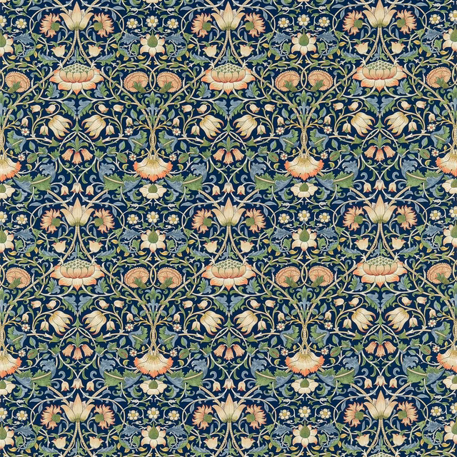 Dense indigo botanical fabric with mineral leaves, cream flowers and peach accents