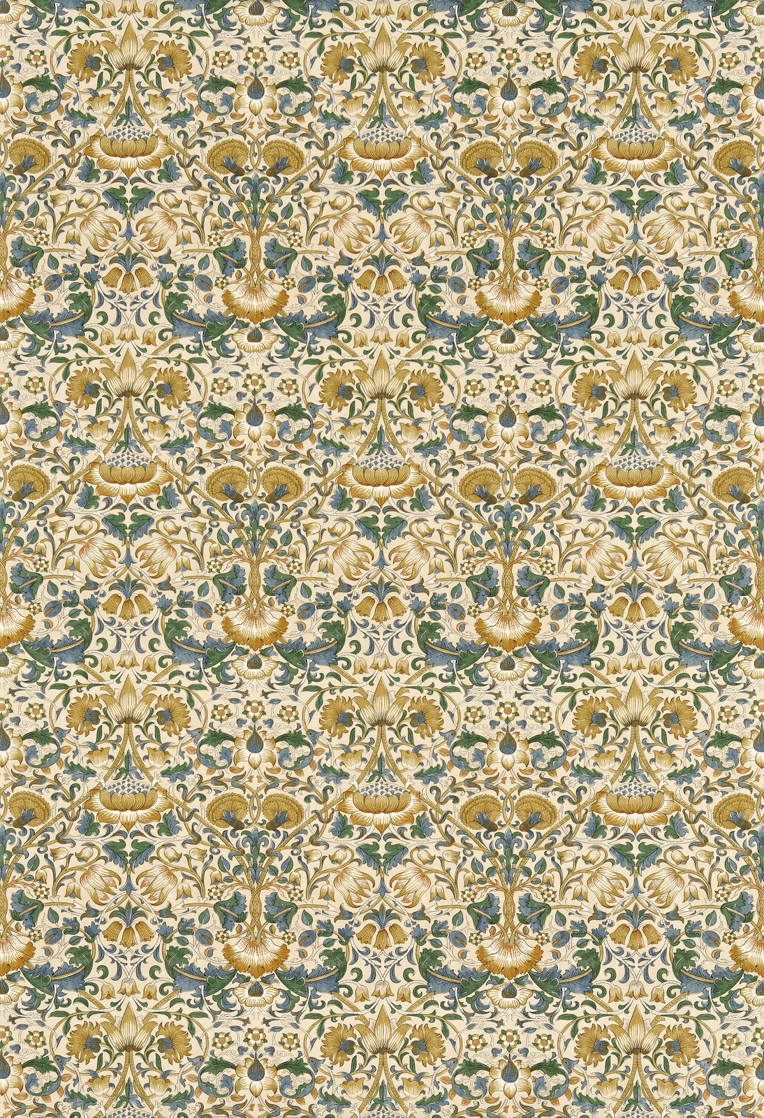 Manilla cream botanical fabric with bayleaf green, ochre and blue-grey scrolling motifs