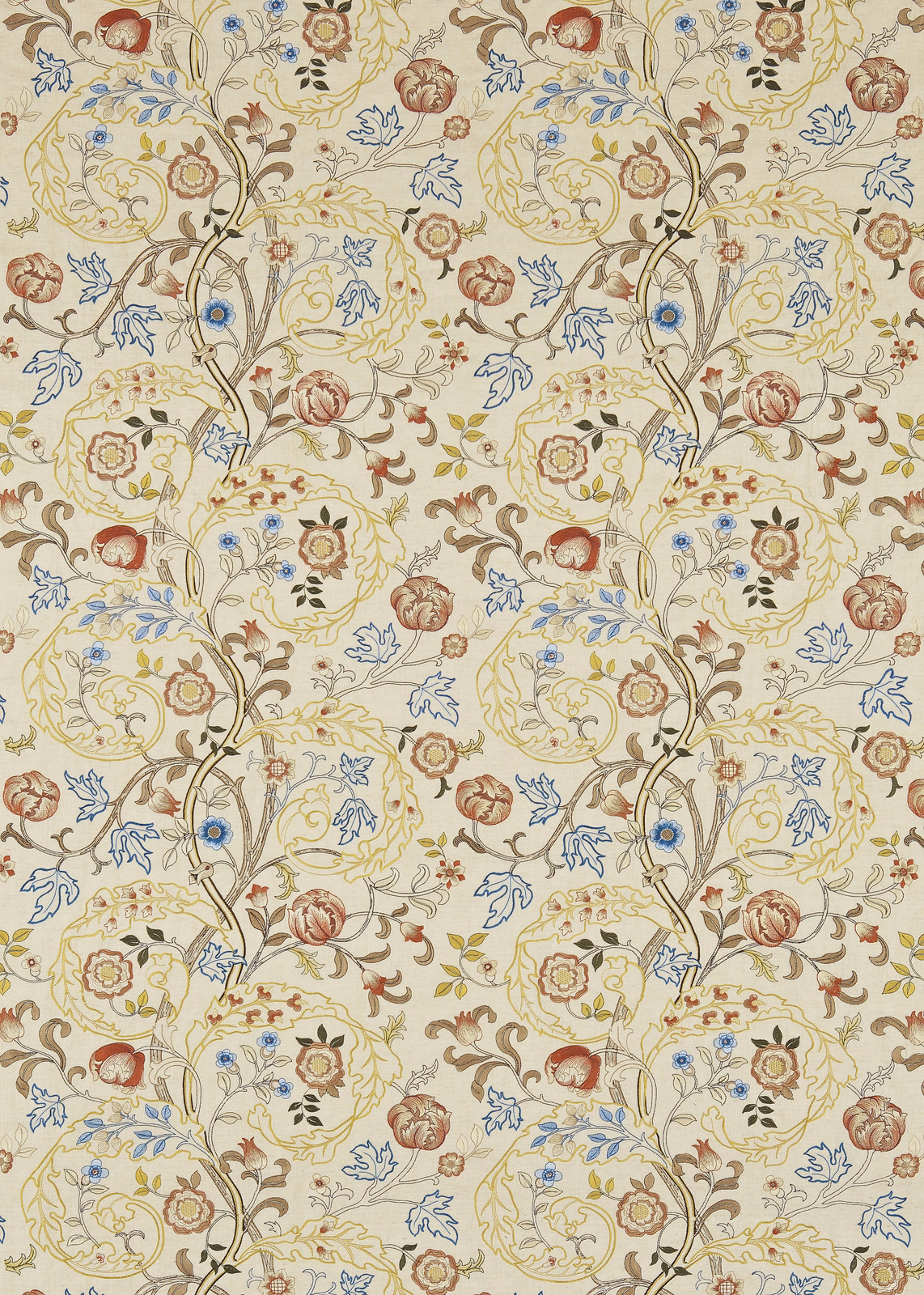Cream floral textile with russet pomegranates, olive scrolling stems and blue leaf accents