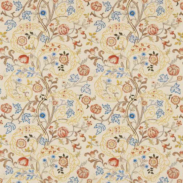 Cream floral textile with russet pomegranates, olive scrolling stems and blue leaf accents