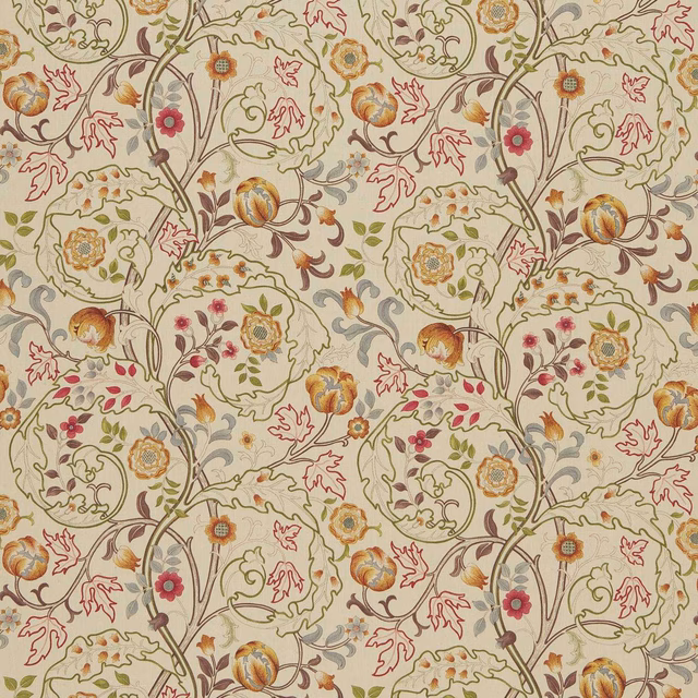 Cream floral vines with muted rose blooms, slate stems, olive leaves and ochre fruit