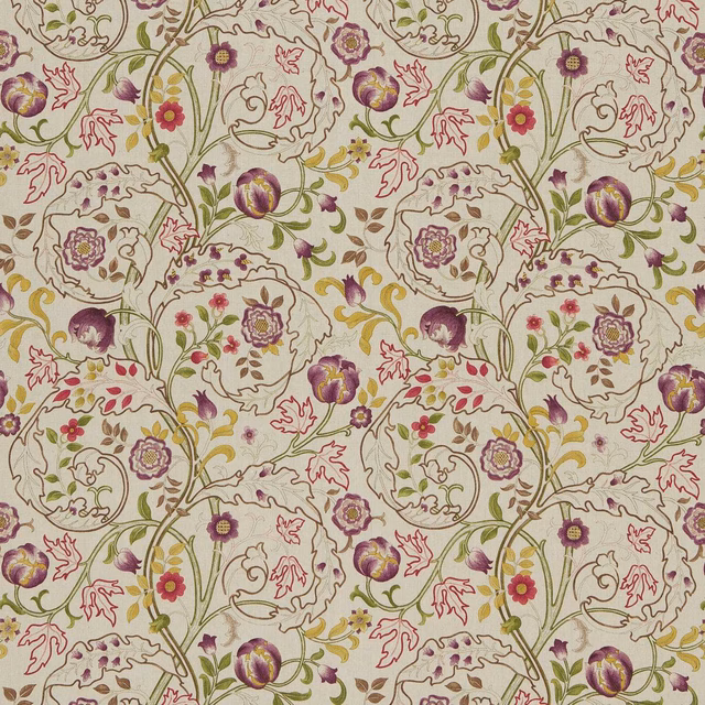 Wine and plum florals with olive vines across a linen-toned ground