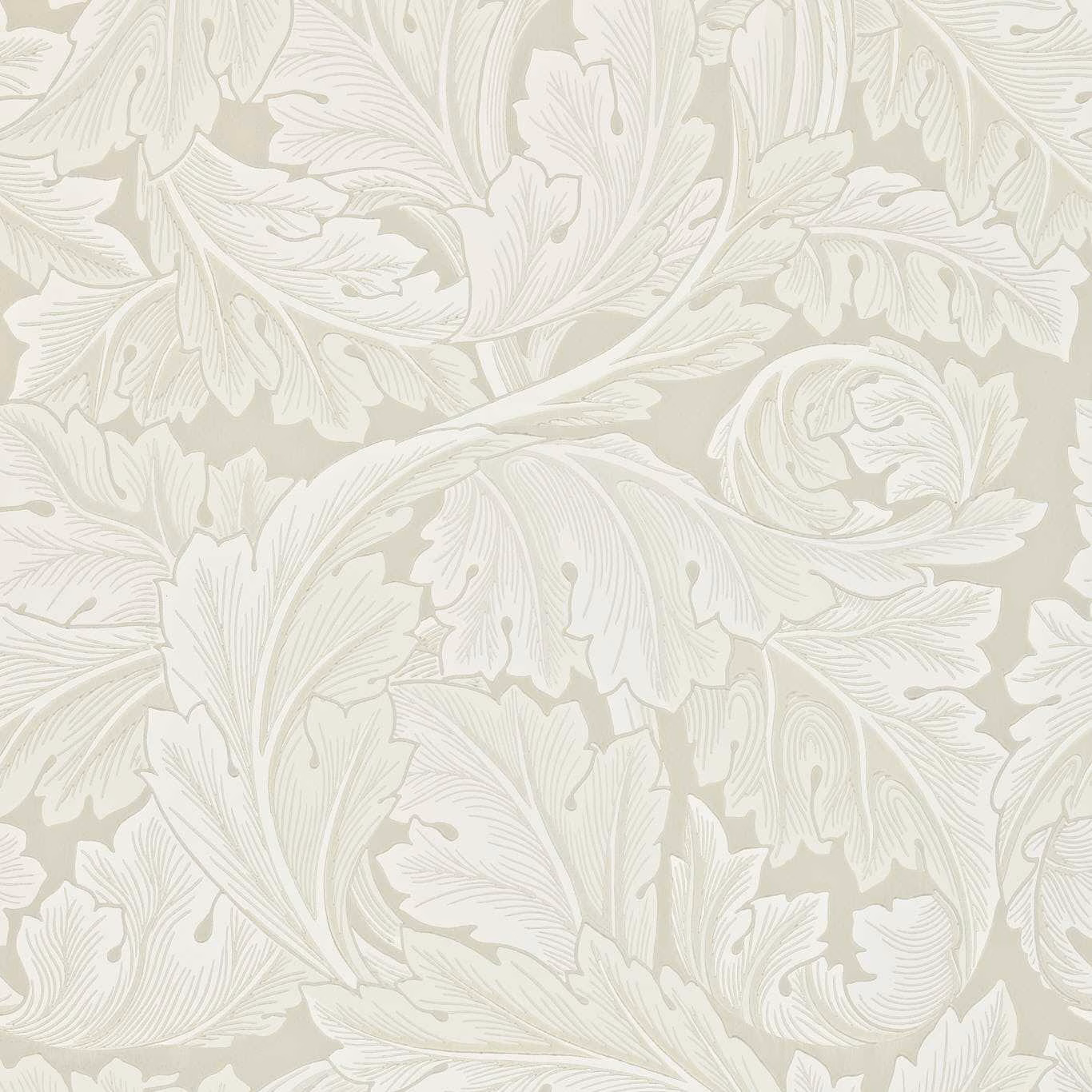 Ivory acanthus leaves curling across a chalky taupe-grey wallpaper ground