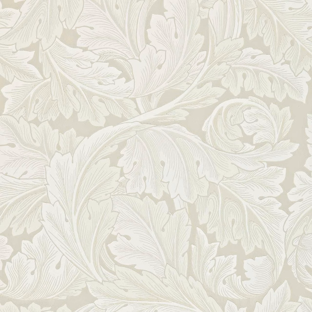 Ivory acanthus leaves curling across a chalky taupe-grey wallpaper ground