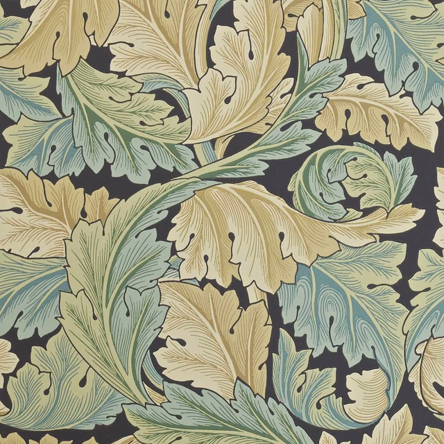 Sage and cream acanthus leaves on a deep charcoal botanical wallpaper ground
