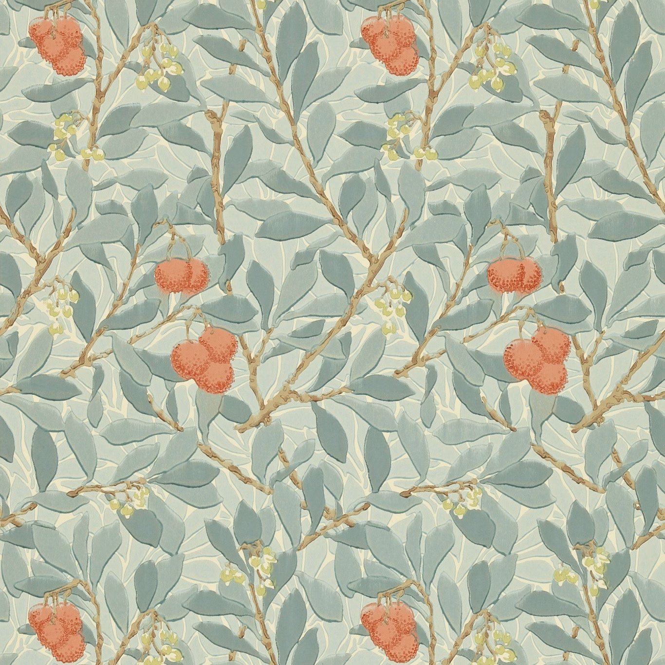 Pale blue wallpaper with coral fruits, sage leaves and cream blossom sprays