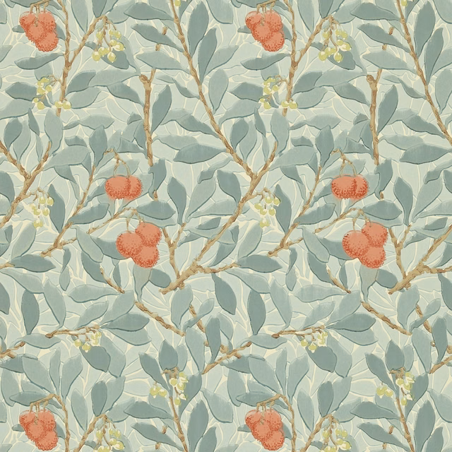 Pale blue wallpaper with coral fruits, sage leaves and cream blossom sprays