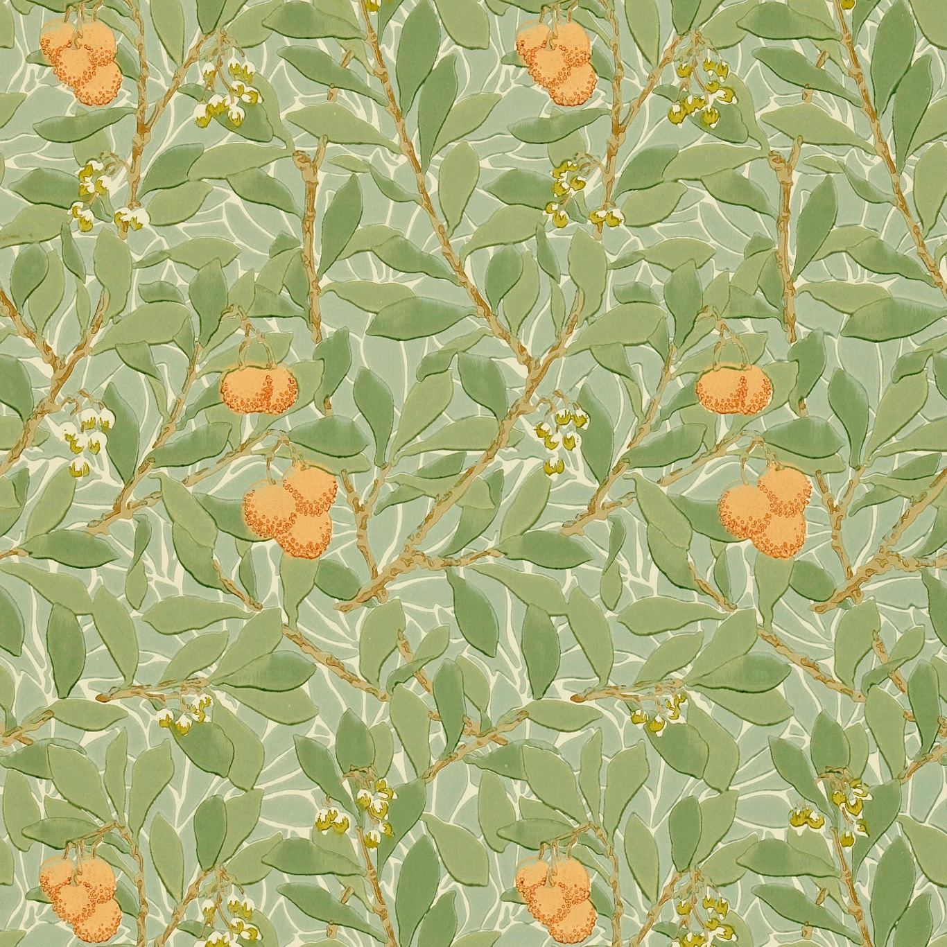 Pale green wallpaper with terracotta fruit, leafy branches and cream blossom details