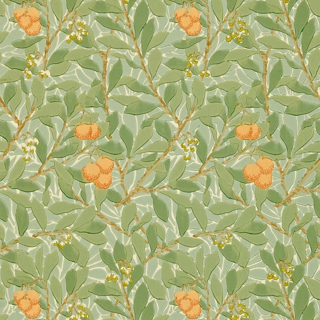 Pale green wallpaper with terracotta fruit, leafy branches and cream blossom details