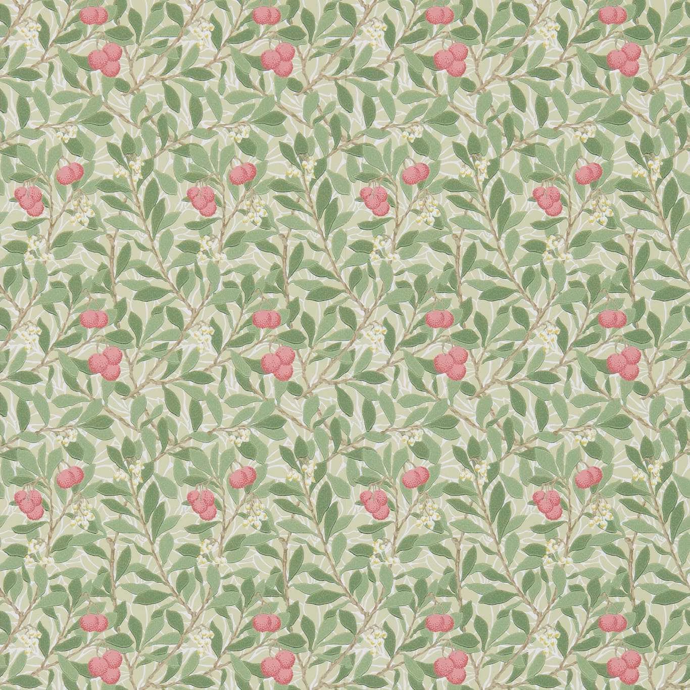 Soft olive wallpaper with leafy stems, blush-pink berries and cream botanical accents