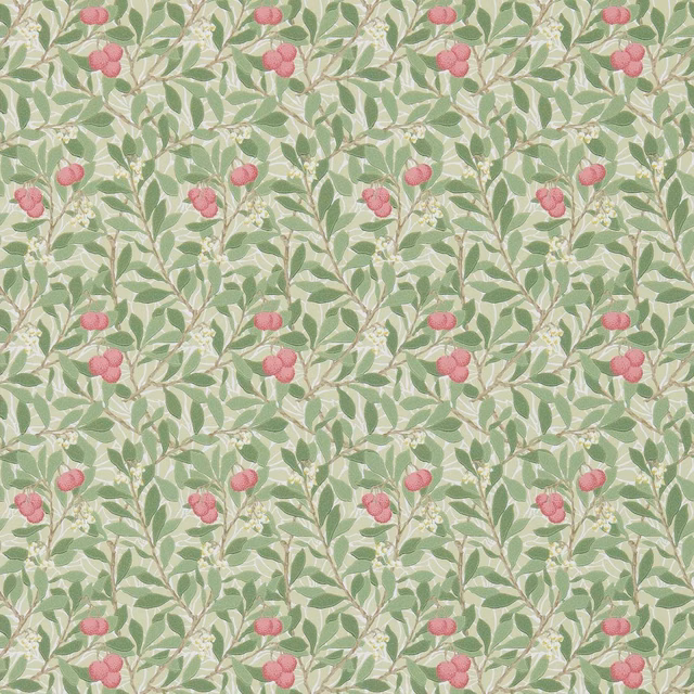 Soft olive wallpaper with leafy stems, blush-pink berries and cream botanical accents